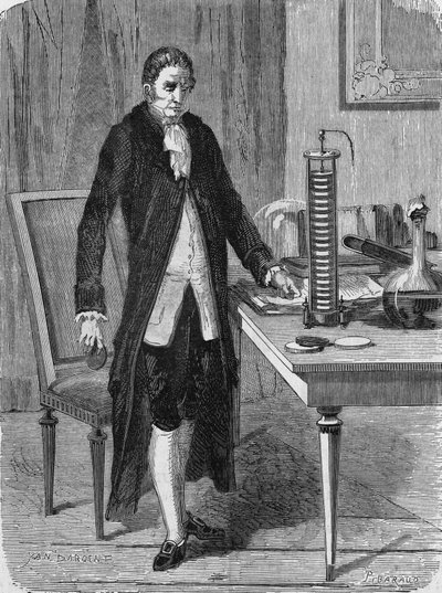 Alexander (Alessandro) Volta byggde i december 1799 elmotorn (eller batteriet). I "Album of Science", Editions Jouvet av Unknown artist