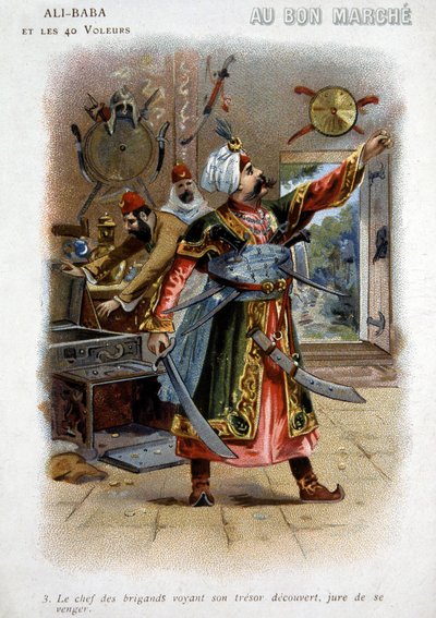 Ali - Baba (Ali Baba) och de 40 tjuvarna (berättelser om de tusen och en natt): Rånarnas chef som ser sin skatt avslöjas, svär hämnd - Kartong från "den goda marschen", sent 1800-tal av Unknown artist