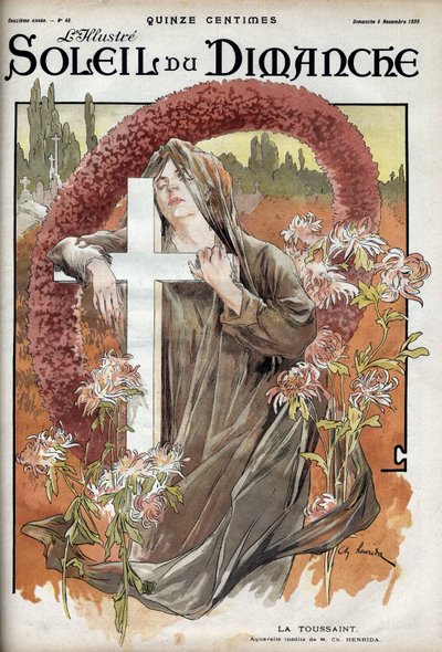 Alla helgon. Allegori om dödsfesten med en kvinna i sorgdräkt på ett katolskt kors på en kyrkogård. Gravyr i "" Le sun-du-dimanche"", 5 november av Unknown artist