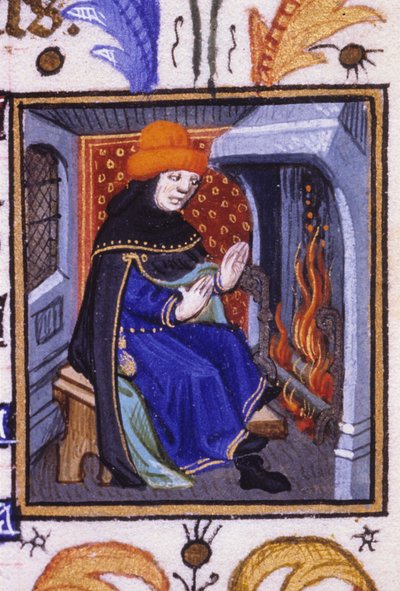 Allegorisk representation av februari. En man blir varm framför sin öppna spis. Miniatyr av ett 1300-talsmanuskript. av Unknown artist