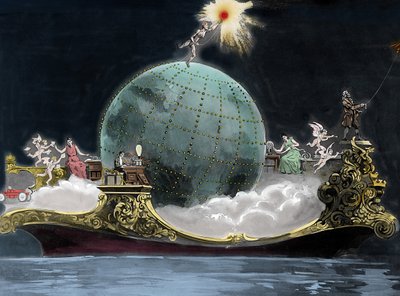 Allegori om vetenskapens och teknikens framsteg relaterat till elektricitet: runt om i världen finns den italienske fysikern Guglielmo Marconi (1874-1937), uppfinnare av telegrafen, en kvinna på en trådlös telegrafistation och till vänster Benjamin av Unknown artist