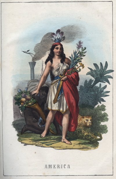 Allegory of America, frontispice av "" användningar och seder för alla folk i universum. Det vill säga historien om regeringen, om lagarna, om milisen, om religionen för alla nationer från de mest avlägsna tiderna till våra dagar "1856 av Unknown artist