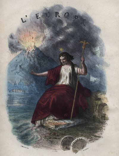 Allegory of Europe - gravyr från "" Tullar och seder för alla folk i universum. Det vill säga historien om regeringen, om lagarna, om milisen, om religionen för alla nationer från de mest avlägsna tiderna till våra dagar "1856 av Unknown artist