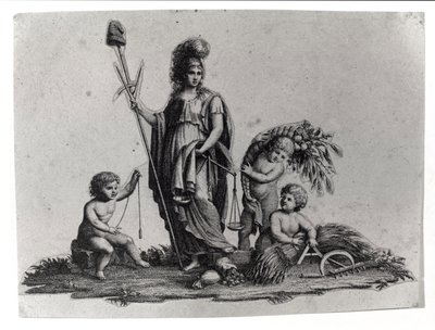 Allegori över den cisalpina republiken (Cisalpina) skapad av Napoleon Bonaparte den 27/06/1797 efter fransk modell i Italien, som blev Italienska republiken 1802. Den franska republikens symboler är representerade. Gravyr Museo del risorgimento, Milano. av Unknown artist