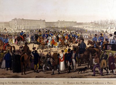 Allierade gick in i Paris den 31 mars 1814 (Ryssland Alexander I, den österrikiske kejsaren Frans Josef I och den preussiske kungen Fredrik Vilhelm III.) 1800-talsgravyr av Unknown artist