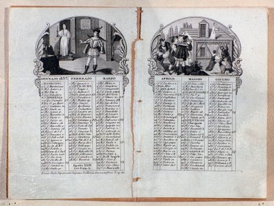 Årets almanackskalender 1837 dekorerade scener av operan La sonnambula, av Vincenzo Bellini av Unknown artist