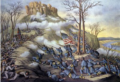 Amerikanskt avskiljningskrig eller inbördeskrig (1861 - 1865): 1863-11-23, slaget vid Lookout Mountain i Tennessee, ett anfall som idag kallas slaget över molnen på grund av dimman som gjorde att federala trupper kunde avancera snabbare. Gravyr av 1800-tal av Unknown artist