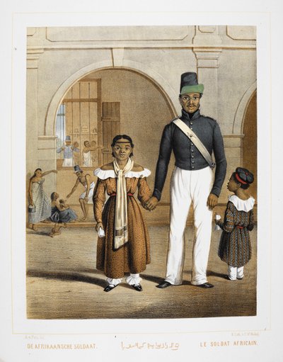 En afrikansk soldat med sin familj. Invånare i Indonesien. av Unknown artist