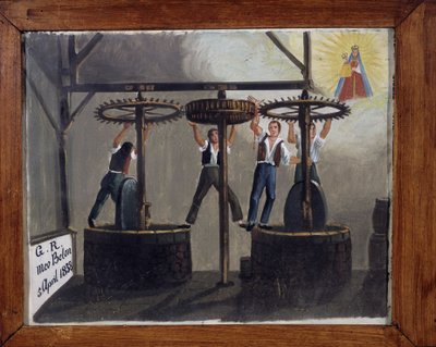 En olycka vid olivoljepressen - ex-voto av Notre Dame de Laghet av Unknown artist