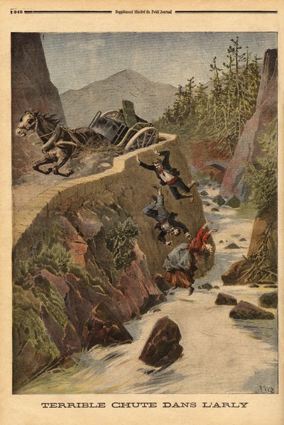 En olycka med en tank på en bänk i Savoie, fordonet välter och passagerarna fälls ut i Arly. Gravyr i "" Le petit journal"" 1896-08-02. Selvas samling. av Unknown artist