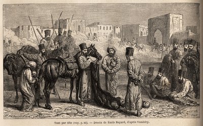 En revisor för Khan, tar emot huvuden av fiender och gisslan, kvinnor och barn bundna till svansen av hästar. Teckning av Emile Bayard (1837-1891), för att illustrera resan till Centralasien, 1863, av Arminius Vambery (ungersk forskare av Unknown artist
