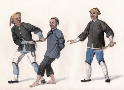En åtalad förs till fängelse, knuten med en kedja runt halsen. Gravyr, i "The Punishments of the Chinese", London av Unknown artist