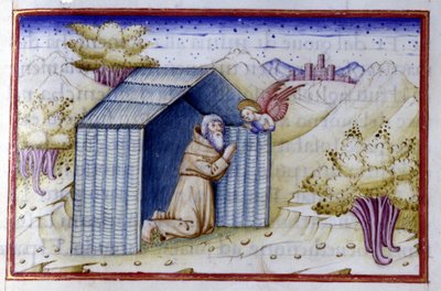 En ängel besöker en eremit. 1400-talsmanuskript. Bibl. Nazionale Braidense. av Unknown artist