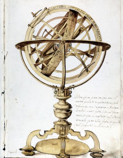 En armillär sfär. 1600-talsgravyr. av Unknown artist