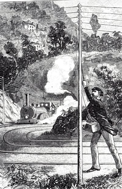 En gravyr som föreställer en tågarbetare som skickar en nödsignal på en järnvägstelegraf av Unknown artist