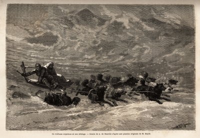En eskimausläde och dess hundspann, det snabbaste och mest pålitliga sättet att resa i Arktis. Gravyr för att illustrera resan till den arktiska polens fria hav, av doktor Hayes, kirurg vid den amerikanska flottan, 1860-1862, publicerad i "Le tour du av Unknown artist