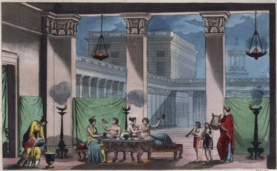 Antikens Grekland - Triclinium - gravyr från "" Seder och traditioner för alla folk i universum. Det vill säga historien om regeringen, om lagarna, om milisen, om religionen för alla nationer från de mest avlägsna tiderna till våra dagar "1856 av Unknown artist