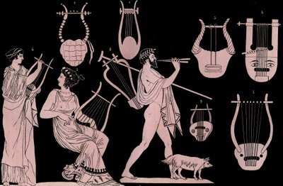 Forntida grekiska musikinstrument: Lyra och Cithara (cithare) (kithara) - gravyr från "" Seder och traditioner för alla folk i universum. Det är historien om regeringen, om lagarna, om milisen, om alla nationers religion från de mest avlägsna tider fram ti av Unknown artist
