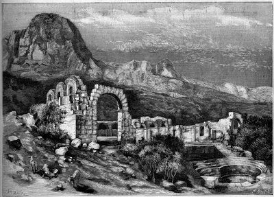 Forntida arkitektur: ruinerna av det romerska templet Zaghouan (Tunisien). Gravyr av Riugel i ""The Illustrous World"" nr 1308 av den 22 april 1882. av Unknown artist