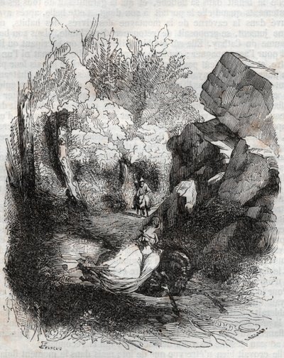Angelique (Angelica) flyr den gamla eremiten - gravyr från 1851 från "" Furious Roland"" (Orlando furioso) (1500-talet) av Ludovico Ariosto, känd som Ariosta - Upplaga översatt från italienska av greven av Tressan och publicerad av Gustave Harvard 1 av Unknown artist