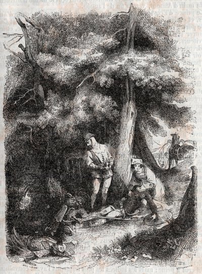 Angelique (Angelica) räddar Medor (Medoro) wesse - gravyr från 1851 från "" Furious Roland"" (Orlando furioso) (1500-talet) av Ludovico Ariosto, känd som Ariosta - Upplaga översatt från italienska av greven av Tressan och publicerad av Gustave Harv av Unknown artist