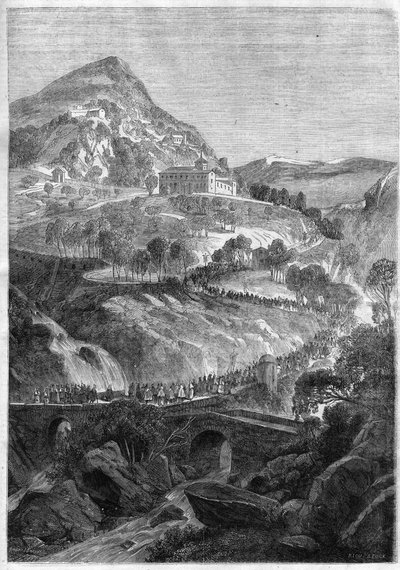 Årlig pilgrimsfärd den 21 mars vid St. Benedictus kloster på berget Cavo (Colli Albani) nära Rom - Gravyr från 1868 av Unknown artist