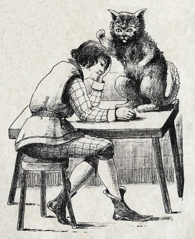 Anonym illustration för "" Le chat Botte", berättelse av Charles Perrault (1628-1703), fransk författare. Bildmaterial Marcel Vagne, Jarville Nancy, odaterat (slutet av 1800-talet). av Unknown artist
