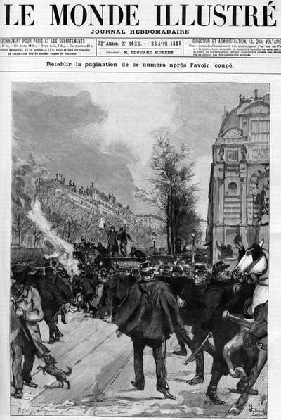 Anti-bageri demonstration: Saint Michel Square demonstration, där kopior av "Lantern" är brännskador. Gerardin ritade till omslaget till "The Illustrous World"" från 1888. av Unknown artist