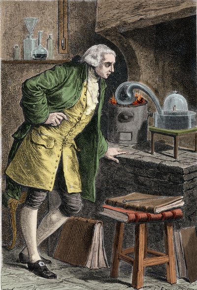 Antoine Laurent Lavoisier (1743-1894) fransk kemist, som undersöker förekomsten av syre i luften: experiment där han erhöll kvicksilveroxid - Lavoisier dans son laboratoire. Gravyr av 1800-talet. av Unknown artist