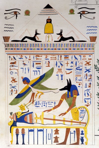 Anubis tar hand om mumien medan den avlidnes själ flyger för transmigrering - i "" Monuments of Egypt and Upper Nubia"" av Ippolito Rosellini (Rossellini). av Unknown artist