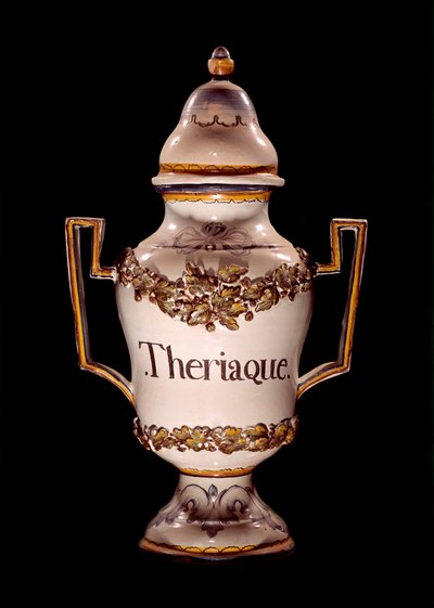 Apotekkruka som innehåller theriac, ett uråldrigt botemedel som har sitt namn för att bekämpa effekterna av vildbetsbett. Macon från 1600-talet, Hotel Dieu av Unknown artist