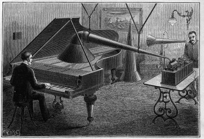 Apparat för inspelning av ett pianostycke av fonografen, en uppfinning av Thomas Alva Edison (1847-1931). Gravyr i "" Nature. Journal of science och dess tillämpningar på konst och industri. av Unknown artist