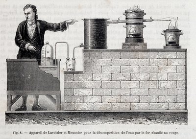 Apparat av Antoine Laurent de Lavoisier och Meusnier för nedbrytning av vatten med järn uppvärmt till rött - i "" Les wonders de l