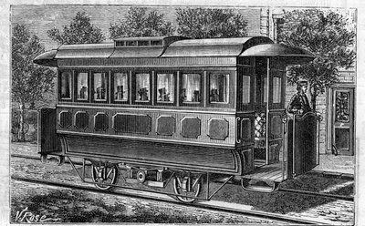 Användning av Faure-batterier: Elektrisk spårväg, modell av företaget Omnibus, driven av batterier. Gravyr i "" Le Monde Illustré"" av Unknown artist