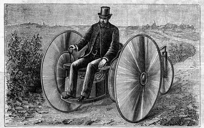 Användning av Faure-batterier: elektrisk trehjuling som rör sig genom ackumulatorn. Gravyr i "" Le Monde Illustré"" av Unknown artist