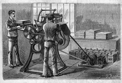 Användning av Faure-batterier: skrivare som drivs av ackumulatorn. Gravyr i "" Le Monde Illustré"" av Unknown artist