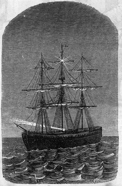 Användning av Faure-batterier: fartyg i öppet hav upplyst av elektricitet. Gravyr i "" Le Monde Illustré"" av Unknown artist
