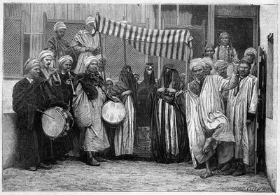 Arabisk sed i Egypten: Bridal Cortege i Kairo. Gravyr i "" Le Monde Illustré"" av Unknown artist