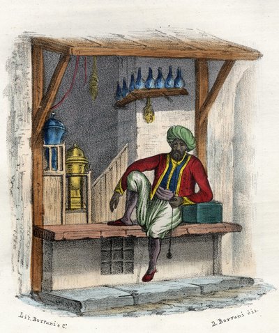 Arabisk köpman framför sin butik, Alger av Unknown artist