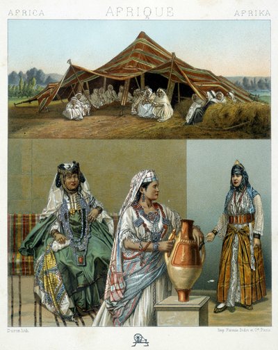 Arabtält, algeriska kvinnokostymer - i "" Le costume historique"" av Racinet av Unknown artist