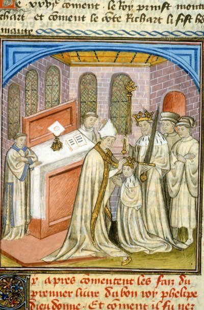 Ärkebiskop krönte Philippe Auguste 1179 - Belysning av medeltiden (ref. 512, 226r) Begär tillstånd från kommunalbiblioteket i Toulouse (tel: 05 62 27 66 66) av Unknown artist