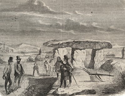 Arkeologiska utgrävningar: upptäckt av galliska gravar nära Dolmen de la Pierre aux Fees (Pierre-aux-Fees) i Oise (60). Gravyr från 1856 i "" Le Musee Des Sciences"" av Unknown artist