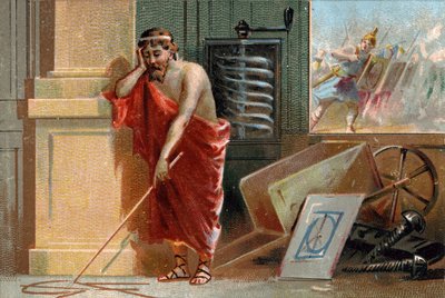 Arkimedes från Syrakusa (287-212 f.Kr.) ritar geometriska former på marken, för att snart stanna av romerska soldater längst ner på scenen. I hans verkstad kan man känna igen hans olika uppfinningar: skruven och skottkärran. Kromolitografi från 1800-talet av Unknown artist