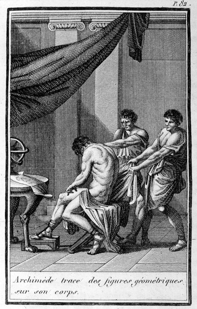 Arkimedes spårar geometriska figurer på sin kropp. av Unknown artist