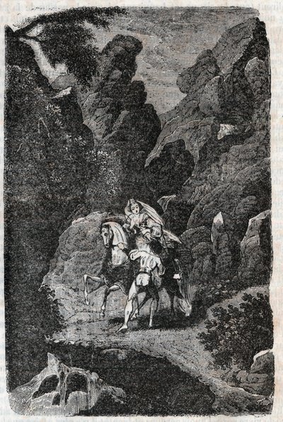 Argie attackerad på order av sin brudgum - gravyr från 1851 från "" Furious Roland"" (Orlando furioso) (1500-talet) av Ludovico Ariosto, känd som Ariosta - Upplaga översatt från italienska av greven av Tressan och utgiven av Gustave Harvar av Unknown artist