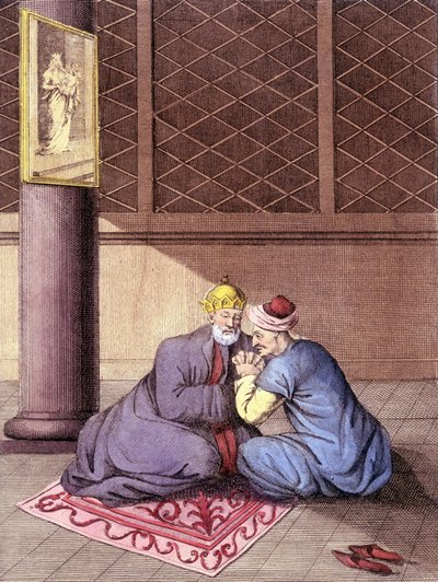 Armenisk biskop som lyssnar på en mans bekännelser. av Unknown artist