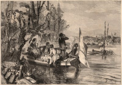 Runt Paris 1857. Kanotisterna i Asnieres. Gravyr i ”Le Monde illustrious”” från 1857. Privat samling. av Unknown artist