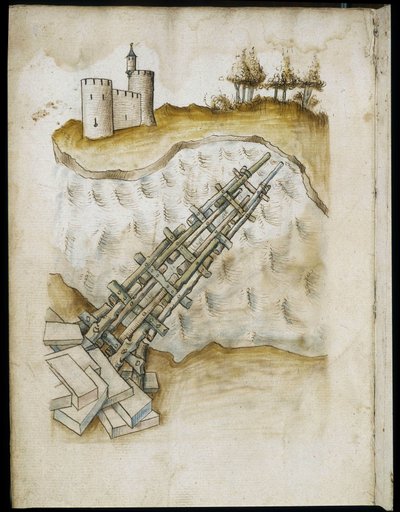 Arrangemang av en träbro - Manuskript: pergamentark av en ingenjörsmanual för konstruktion av civila, religiösa och militära byggnader, anonym, sent 1400-tal (figur med kinesiskt bläck) av Unknown artist
