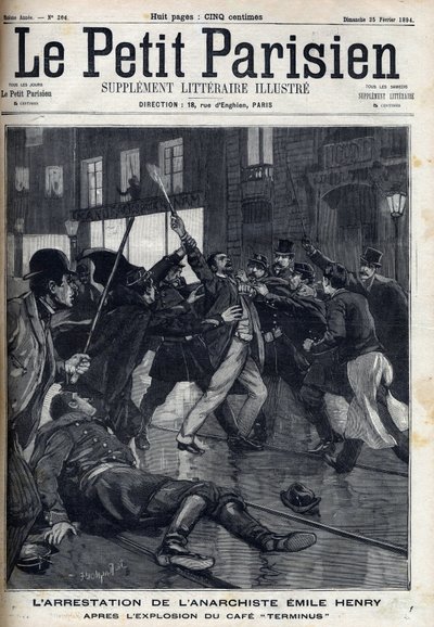 Gripande av anarkisten Emile Henry (1872-1894) efter explosionen av caféet "Terminus"" i Paris. Gravyr i "" Le Parisien"" av Unknown artist
