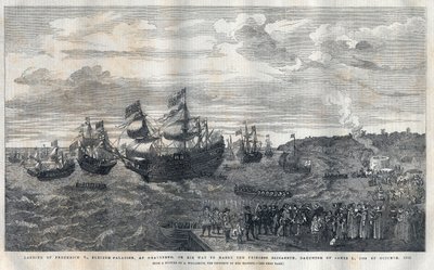 Frederique V:s ankomst från Pfalz (1596-1632) i hamnen i Gravesend för att gifta sig med prinsessan Elisabeth av England (1596-1662), dotter till kung James I (1566-1625) den 16 oktober 1612. Han välkomnades av James Hay (1:e earl av Carlisle) (cirka 1580- av Unknown artist